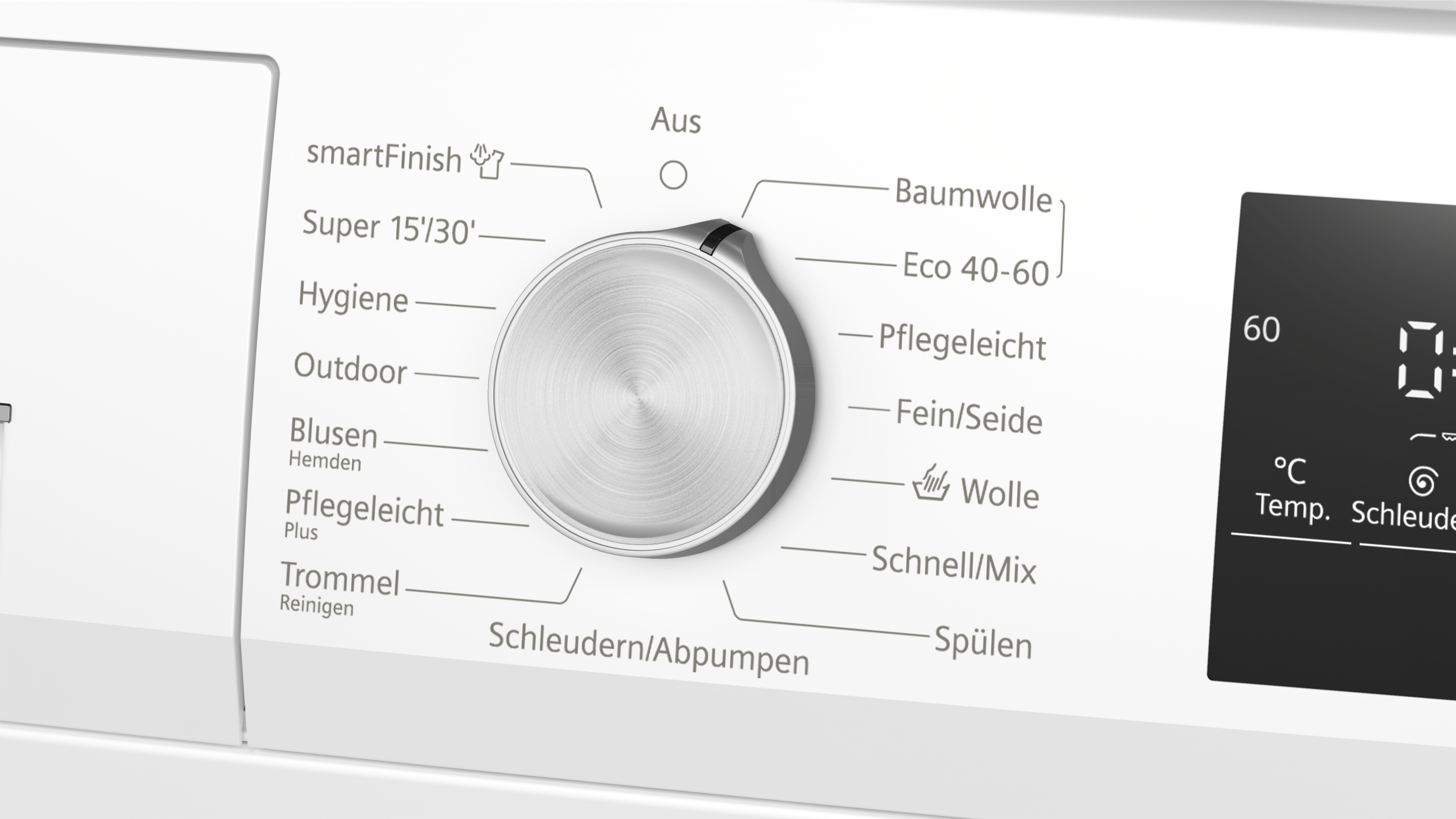Bedienfeld einer Waschmaschine mit Drehregler und digitalem Display.