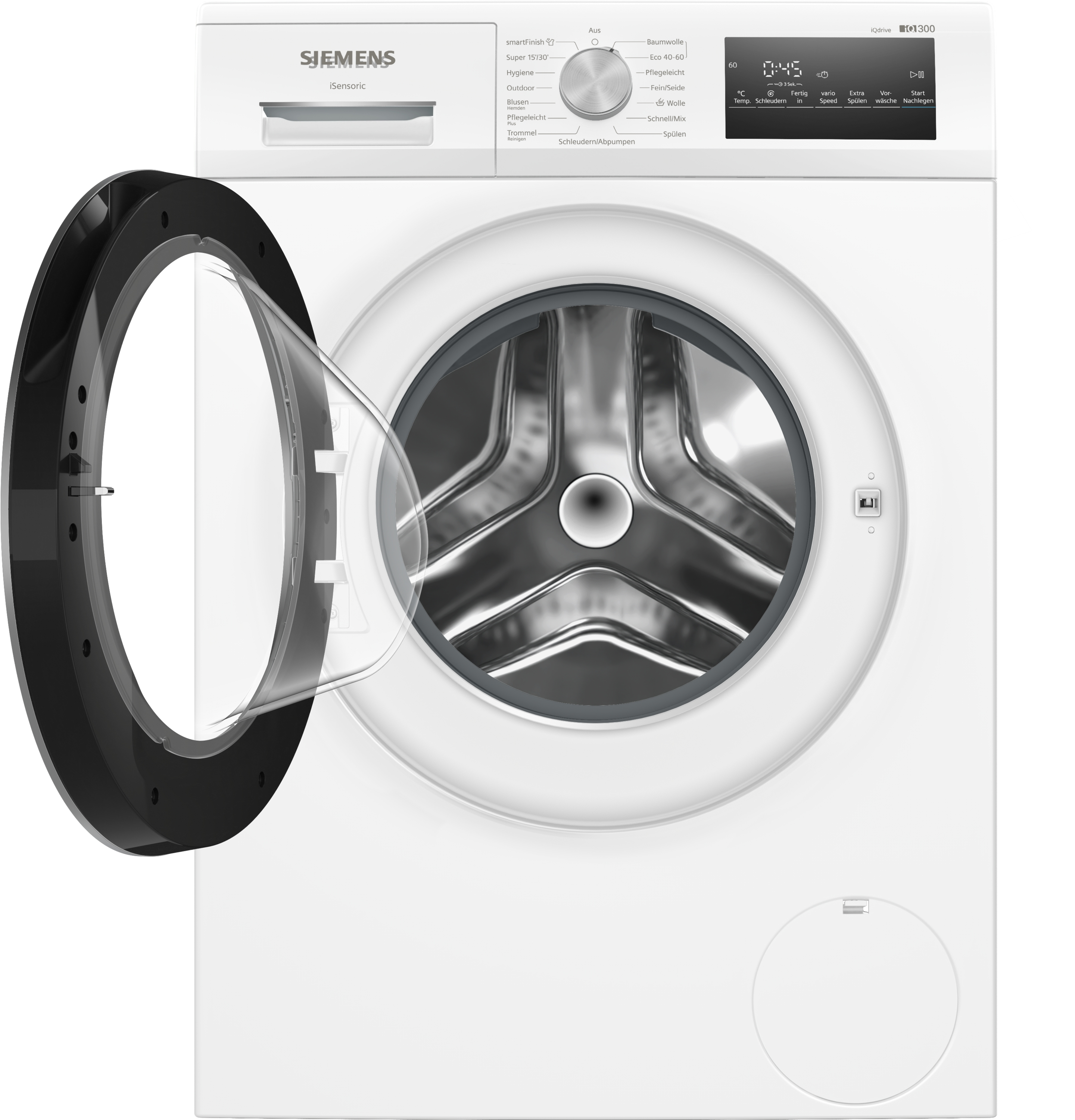 Eine weiße Siemens Waschmaschine mit geöffneter Tür und silberner Trommel.
