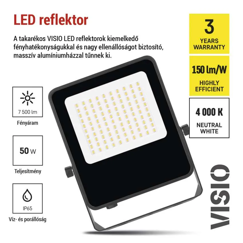 Fekete LED reflektor sok kis fénnyel, specifikációkkal és logóval.