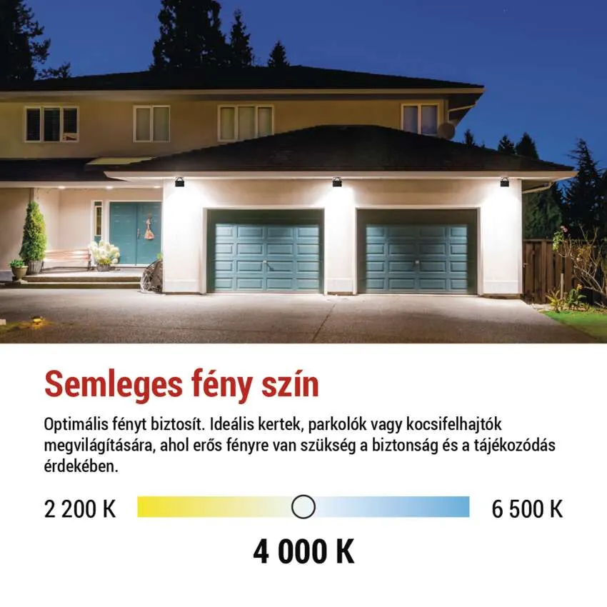 Ház éjszaka két kivilágított garázskapuval és két lámpával.