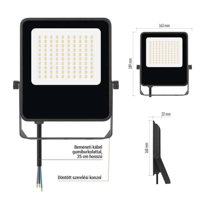 Fekete reflektor LED panellel, méretekkel és kábelrészletekkel.