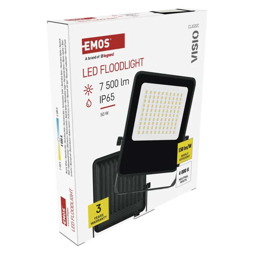 Egy fekete EMOS LED-es reflektor csomagolása, 7500 lm, IP65, 50 W, 4000 K.