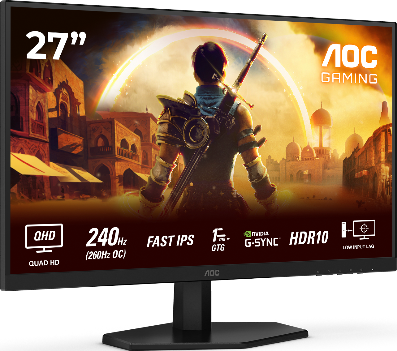 27-Zoll-AOC-Gaming-Monitor zeigt Fantasy-Szene mit Krieger und arabischer Architektur.