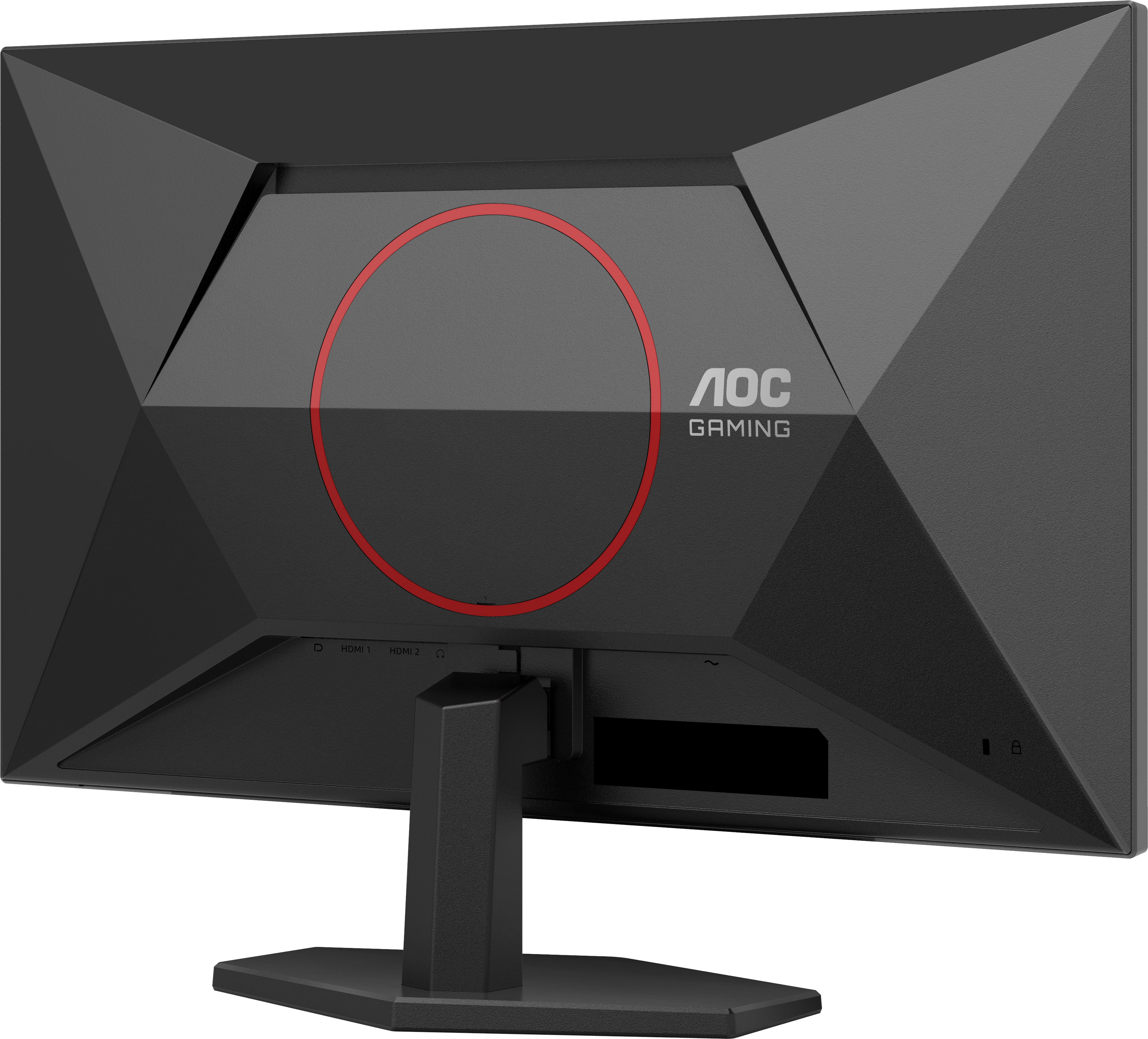 Rückseite eines schwarzen AOC Gaming Monitors mit rotem Kreis und Anschlüssen.