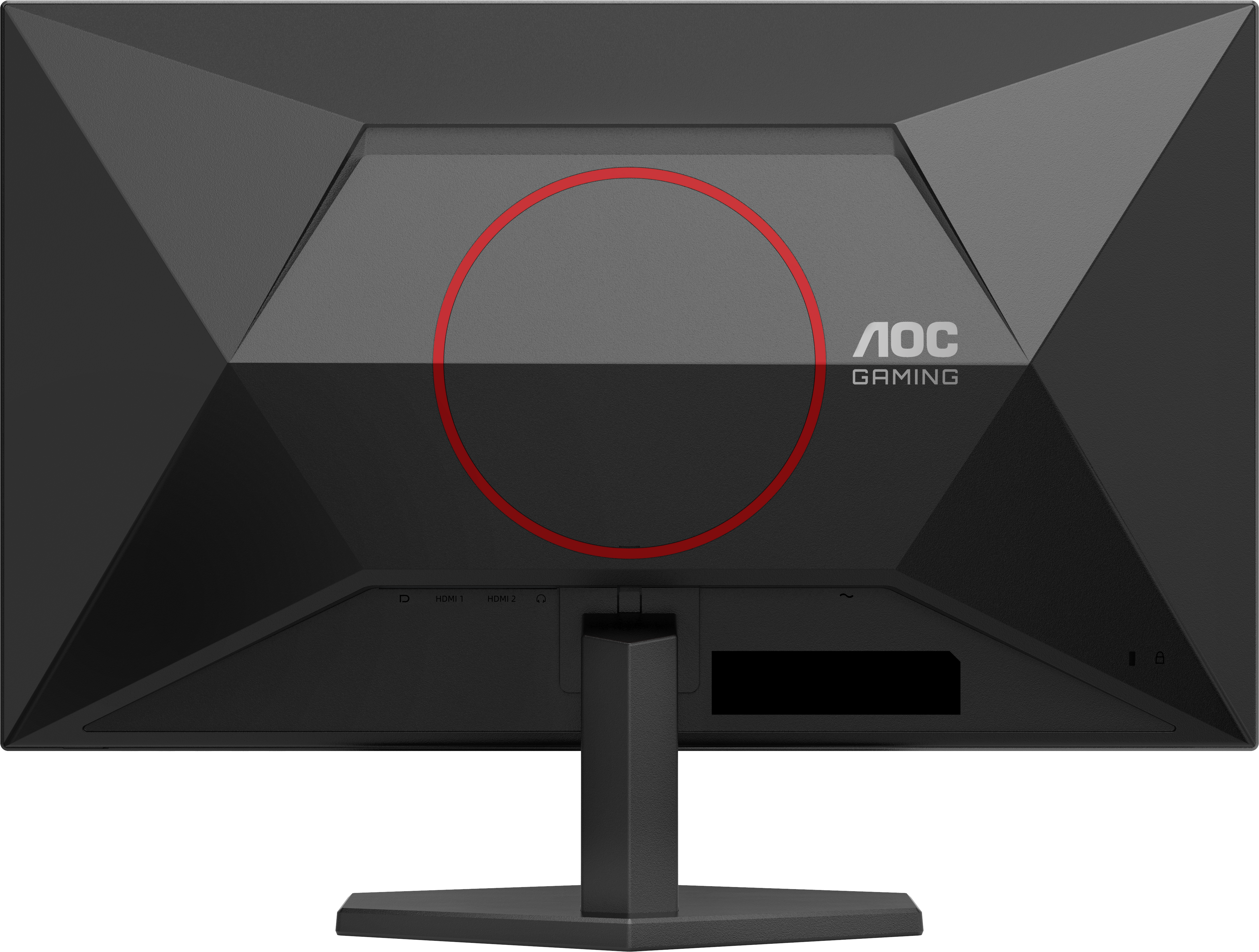 Rückseite eines schwarzen AOC Gaming Monitors mit rotem Kreis und Anschlüssen.