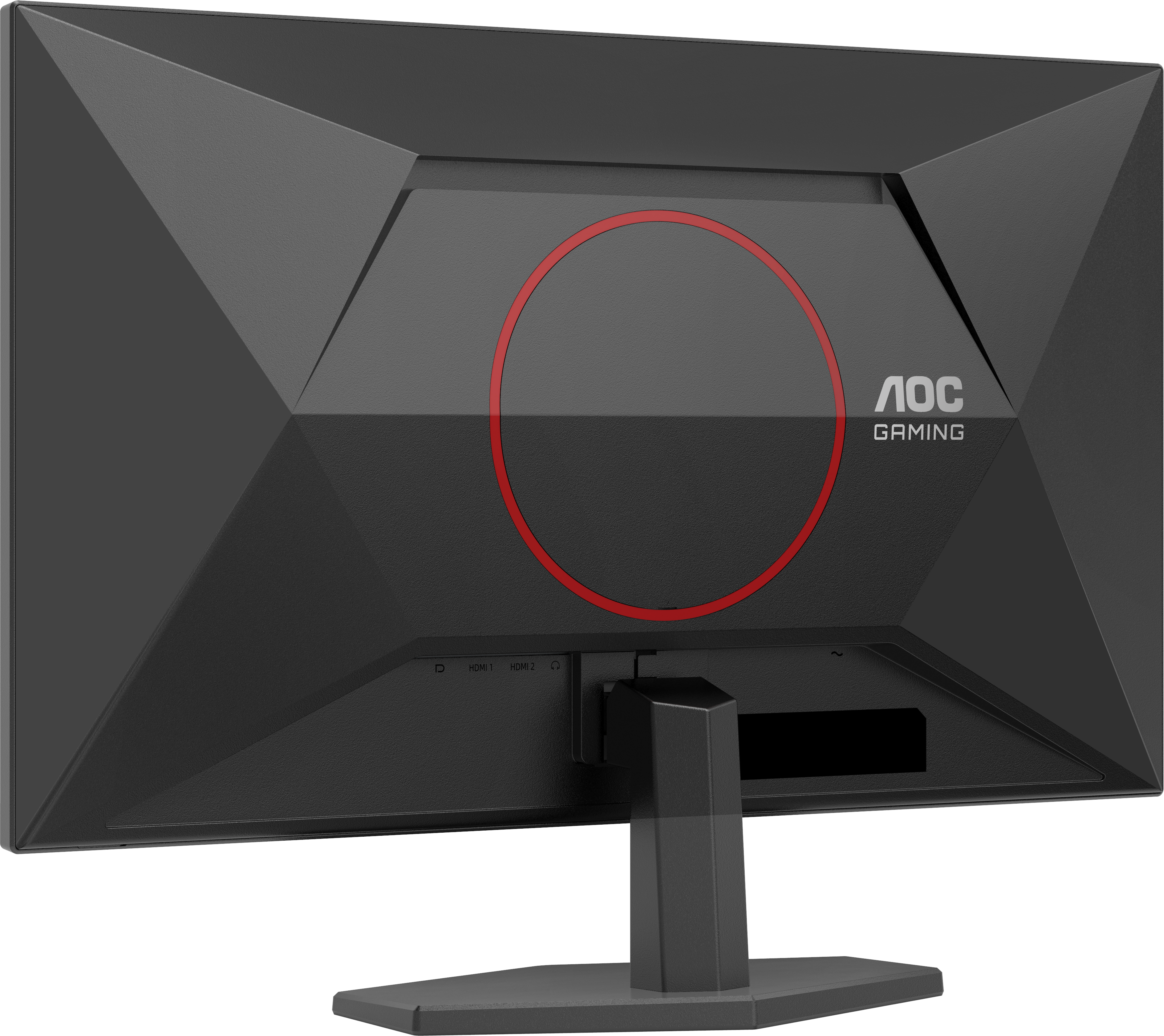 Rückseite eines schwarzen AOC Gaming Monitors mit roten Akzenten und Anschlüssen.