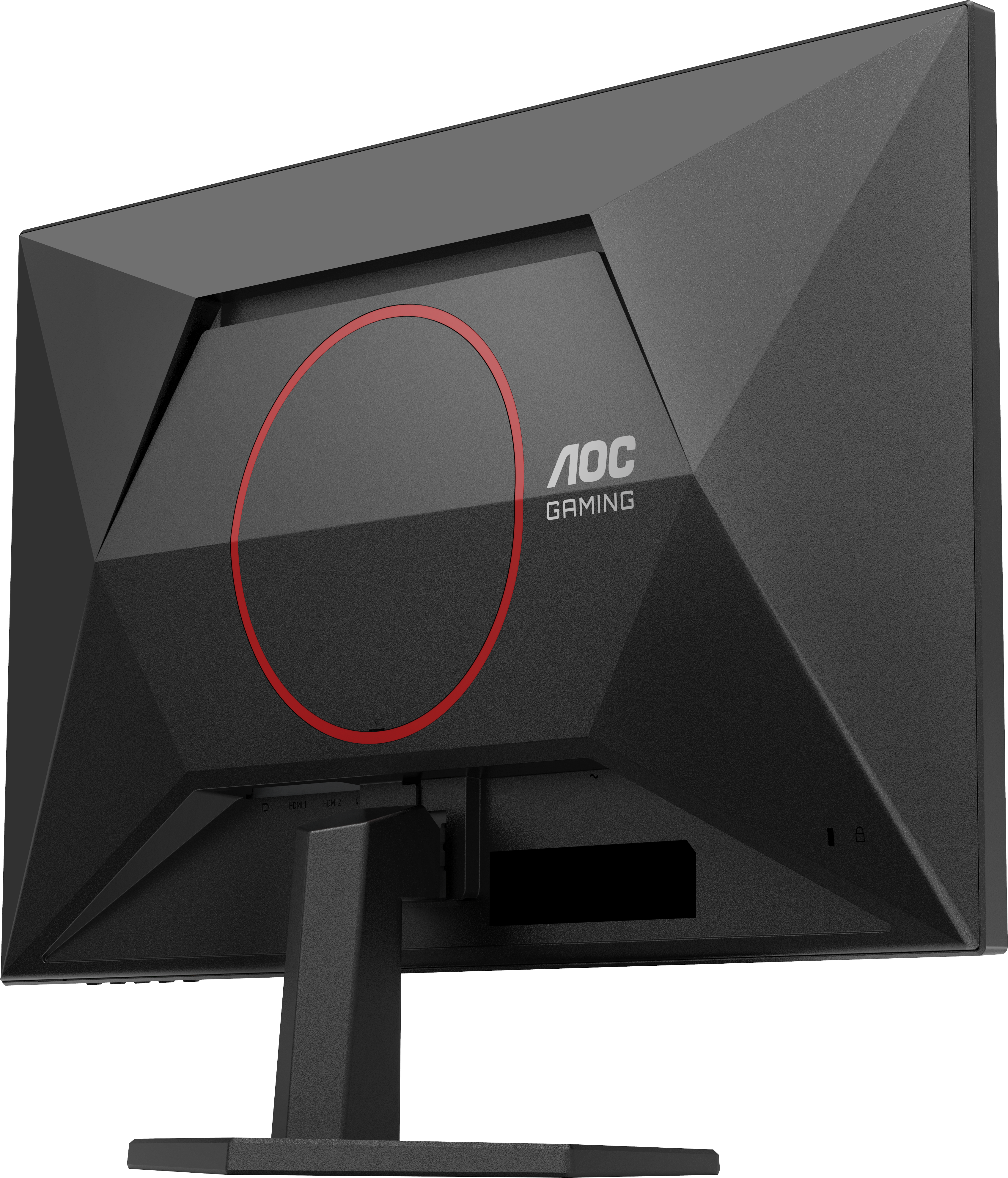 Rückseite eines schwarzen AOC Gaming Monitors mit rotem Ring und Anschlüssen.