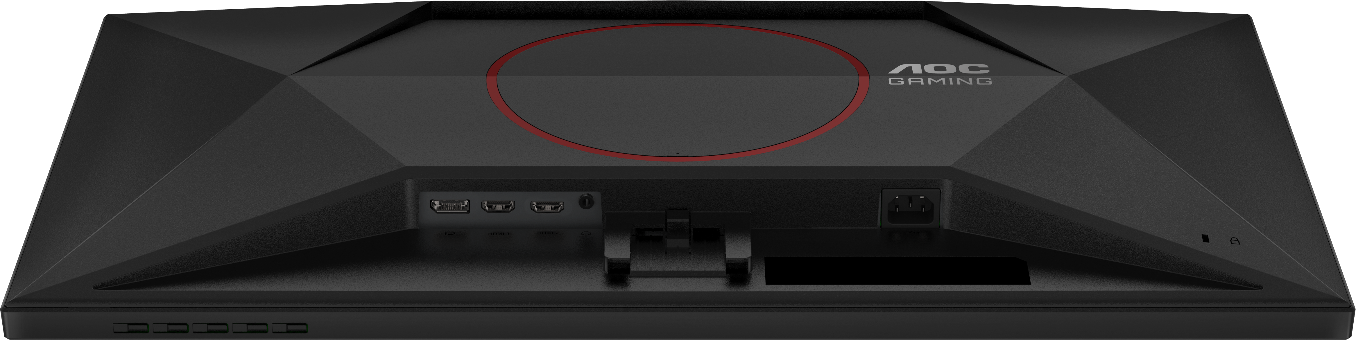 Rückseite eines schwarzen AOC Gaming-Monitors mit Anschlüssen und Logo.