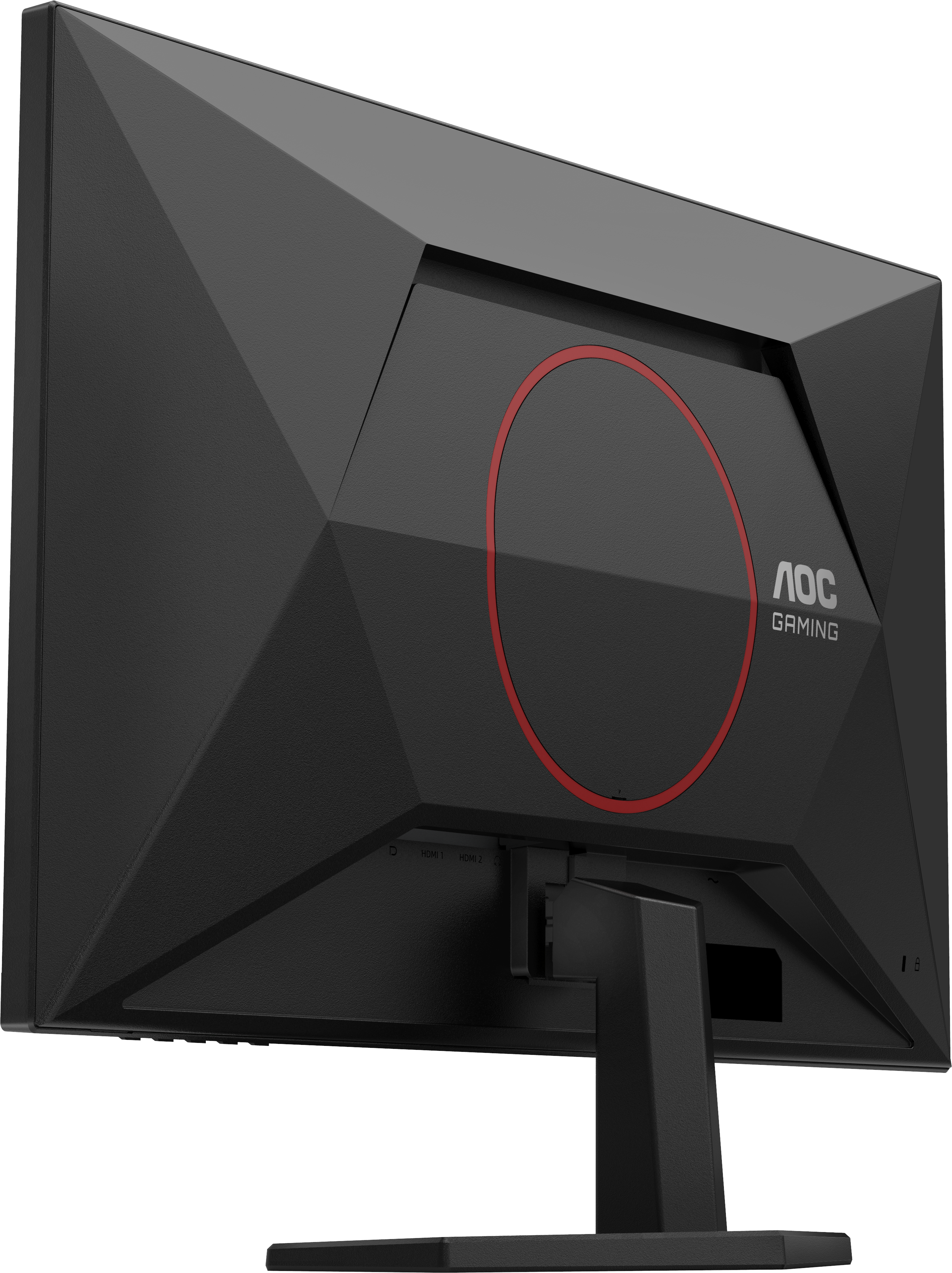Schwarzer AOC Gaming-Monitor, Rückansicht. Roter Kreisdetail auf der Rückseite.