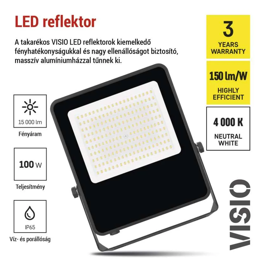 Fekete LED reflektor adatokkal a fényáramról, teljesítményről és IP-védettségről.
