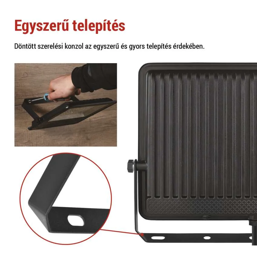 Egy férfi fekete reflektort szerel össze csavarhúzóval fa padlón.