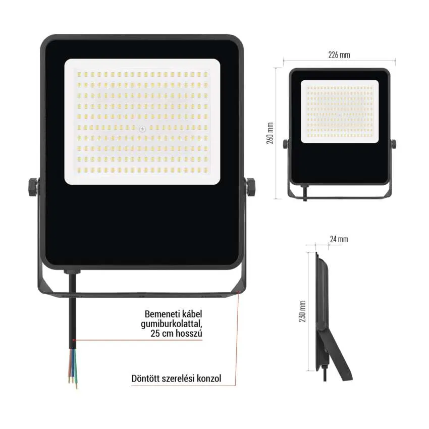 Fekete LED-es reflektor tartókonzollal és méretekkel. 25 cm-es kábel.