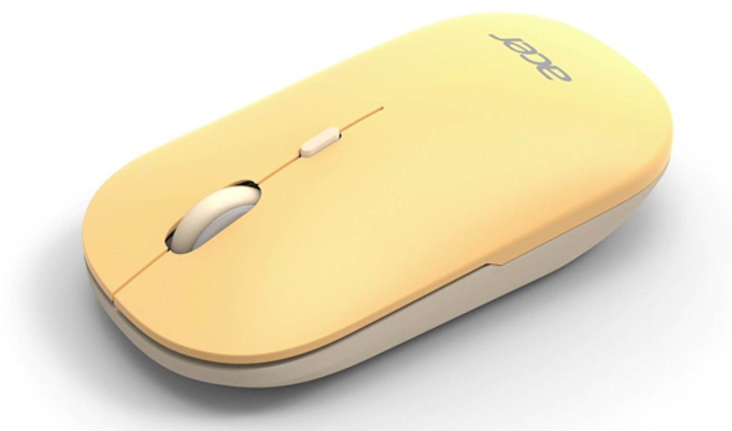 Un ratón Acer amarillo con rueda de desplazamiento blanca y botón delgado.