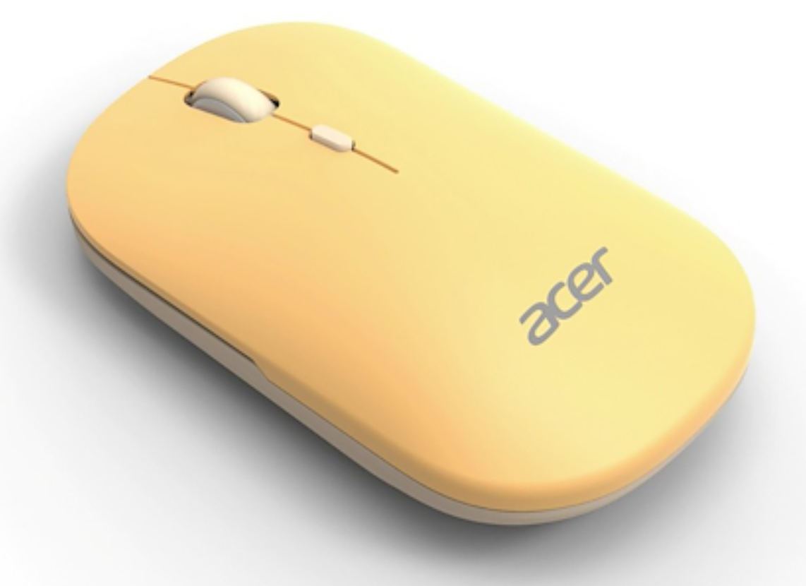 Un ratón Acer amarillo con rueda de desplazamiento y dos botones sobre fondo blanco.