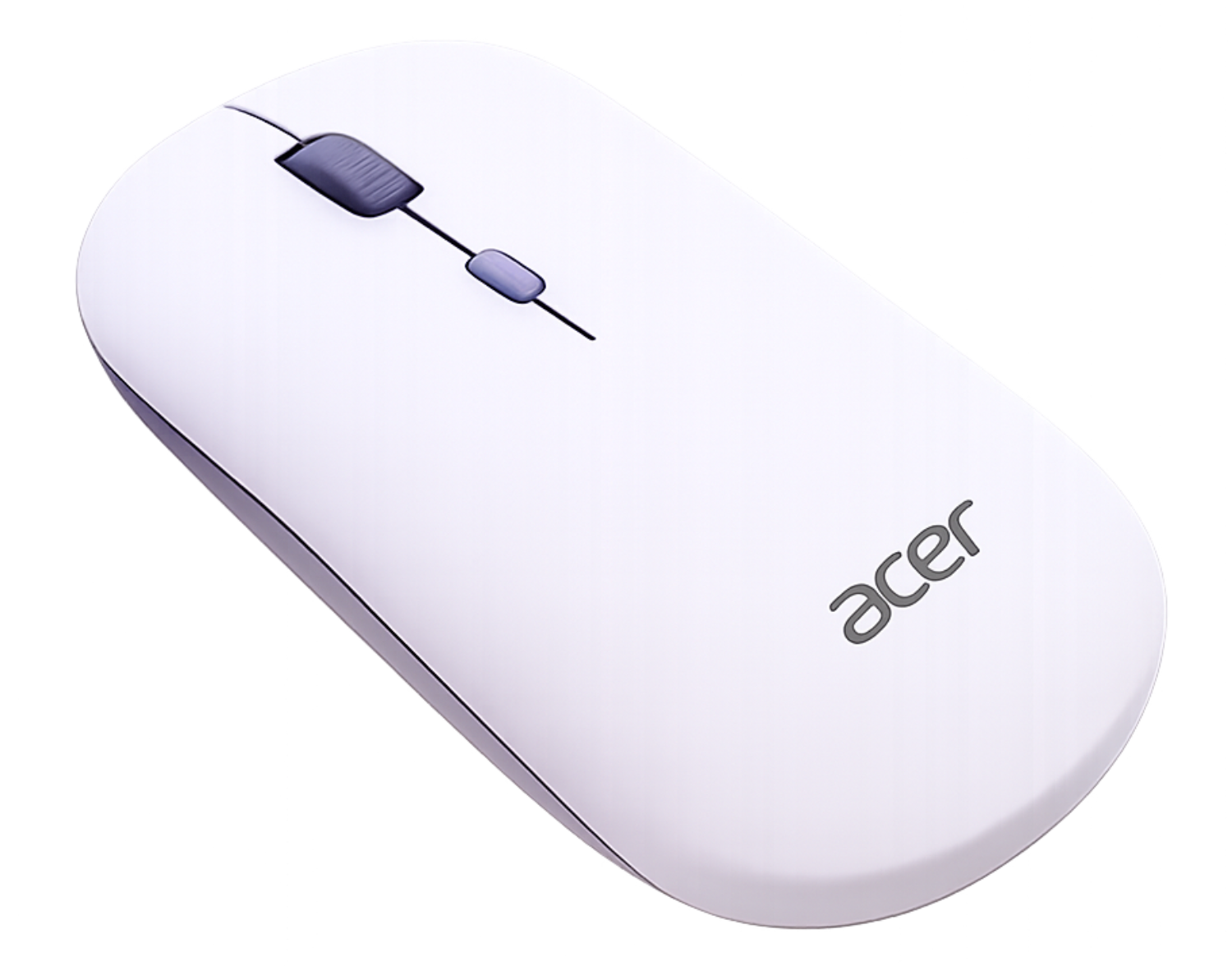 Un ratón blanco Acer con dos botones y una rueda de desplazamiento sobre fondo negro.