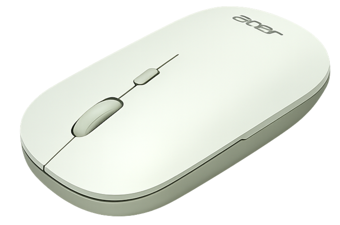 Un ratón de computadora Acer blanco con dos botones y rueda de desplazamiento sobre fondo negro.