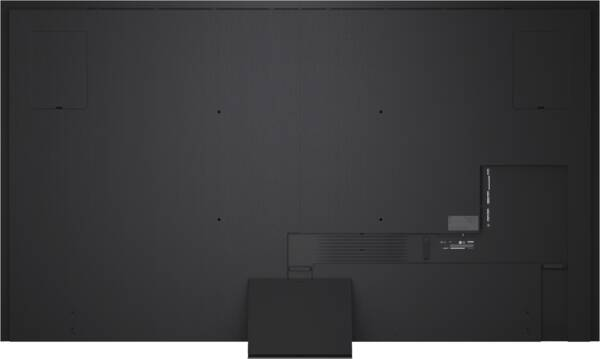 Rückseite eines schwarzen Fernsehers mit Anschlüssen und Montagepunkten.
