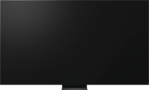 Ein schwarzer Fernseher mit einem breiten, dünnen Bildschirm und einem Standfuß.