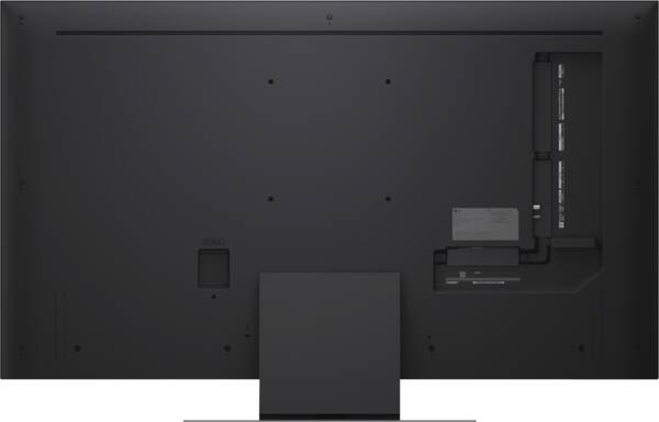 Rückseite eines schwarzen Fernsehers mit Anschlüssen und Standfuß.