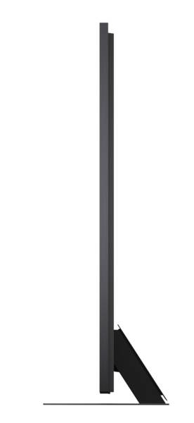 A slim, dark television set with a stand, viewed from the side.