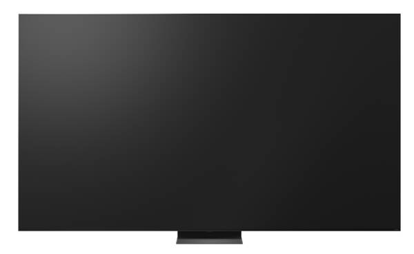 Ein schwarzer Fernseher mit schmalem Standfuß vor weißem Hintergrund.