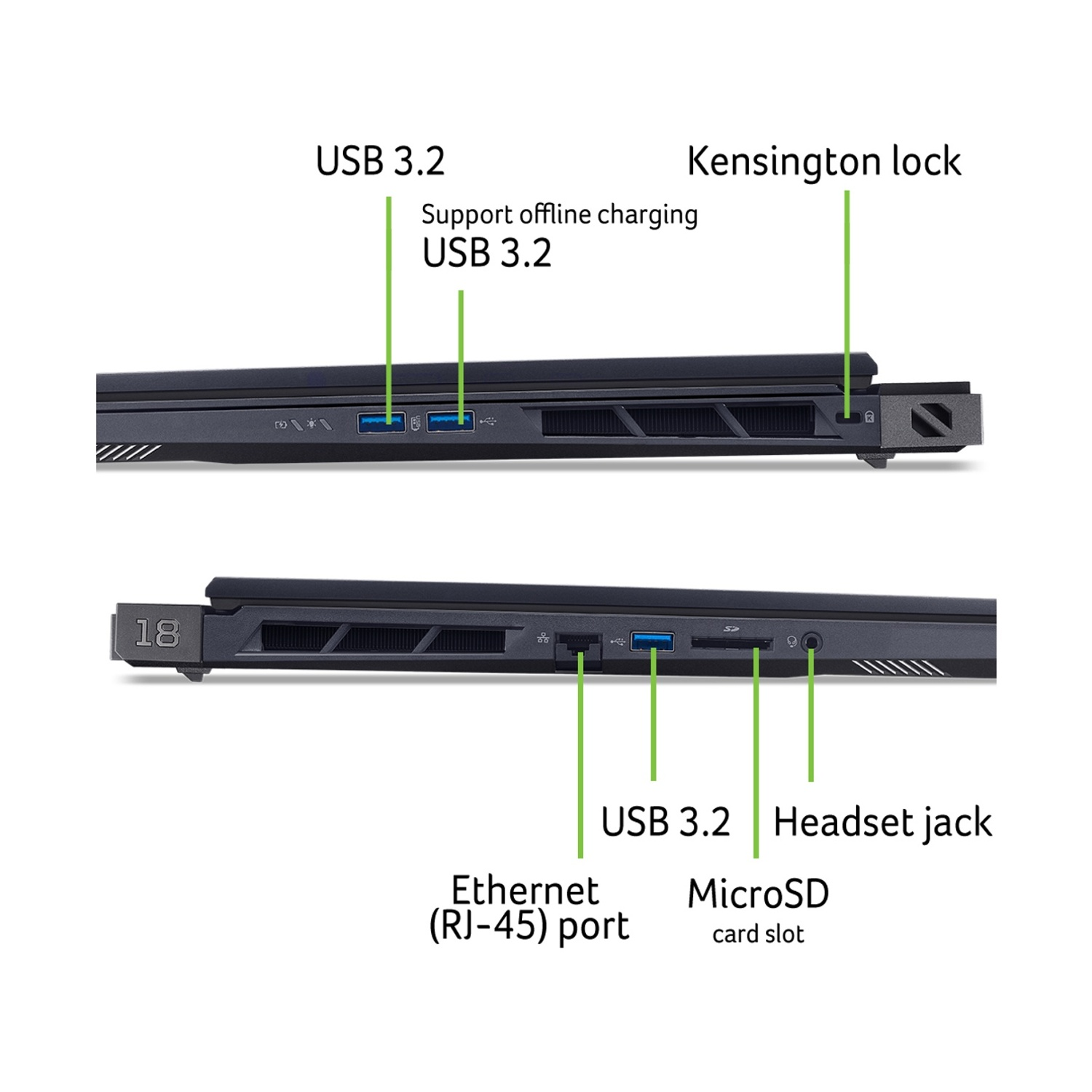 Vista laterale del laptop: USB 3.2, lucchetto Kensington, Ethernet, MicroSD, jack cuffie.