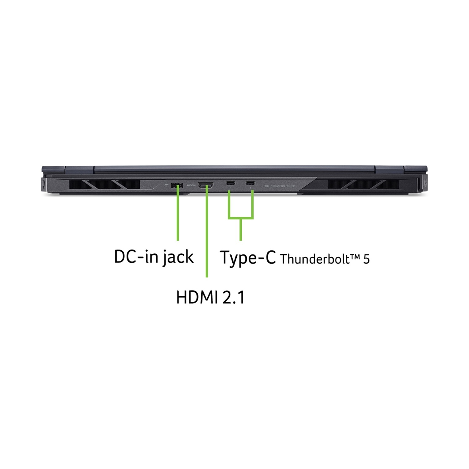 Lato laptop con porte: jack DC-in, HDMI 2.1 e Type-C Thunderbolt 5.