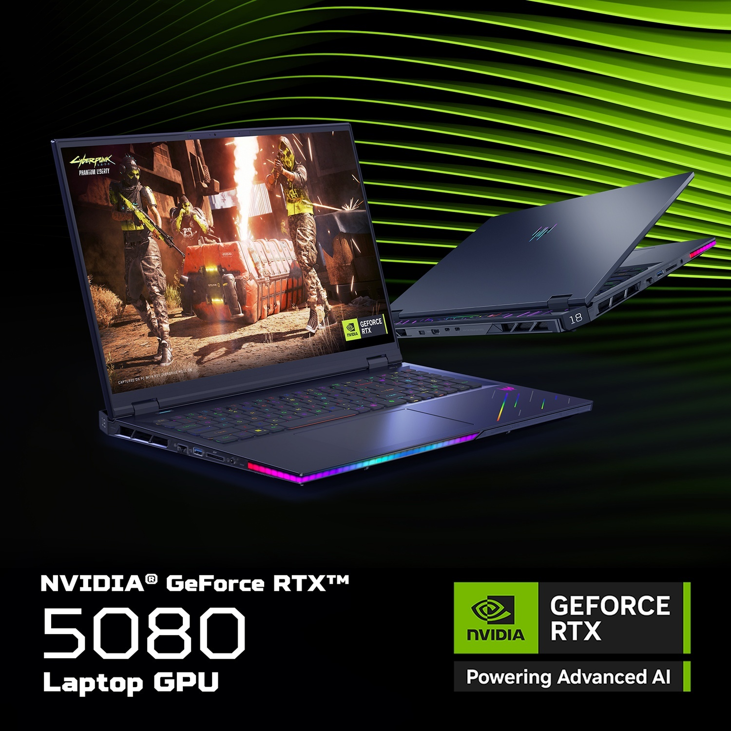 GPU laptop NVIDIA RTX 5080 mostrata con gameplay Cyberpunk e illuminazione RGB.