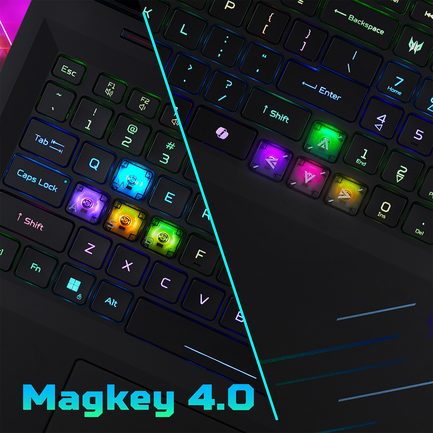 Primo piano di una tastiera per laptop nera con illuminazione RGB. Testo 'Magkey 4.0'.