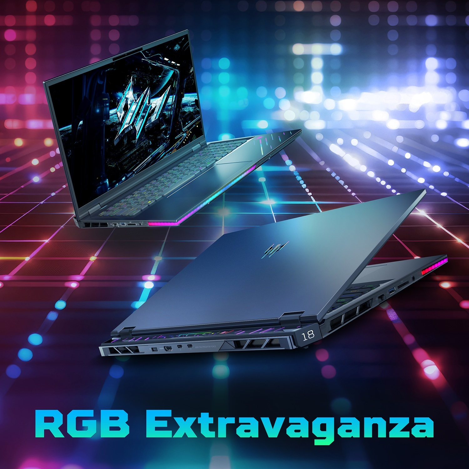 Due laptop aperti con illuminazione RGB su uno sfondo scuro e astratto.