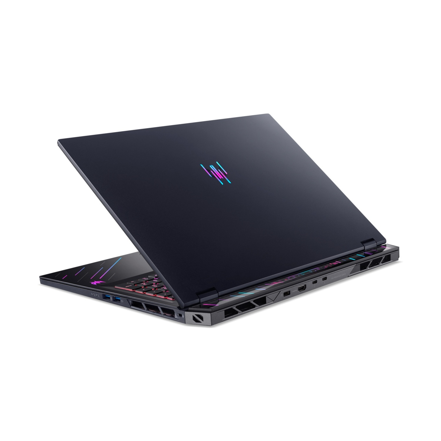 Laptop scuro con tastiera illuminata e strisce luminose colorate su coperchio e lati.