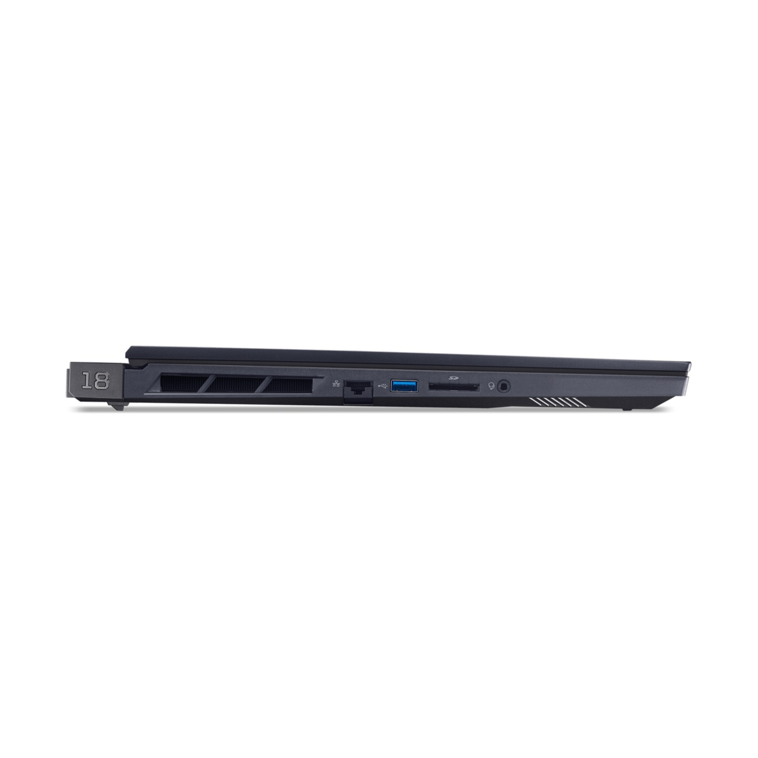 Un laptop nero con prese d'aria e porte sul lato.