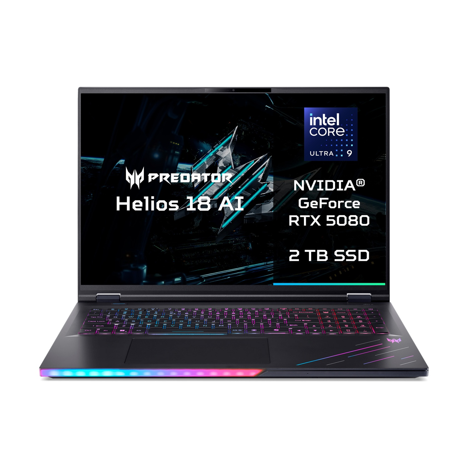 Laptop nero Acer Predator Helios 18 AI con Intel Core Ultra 9 e RTX 5080.