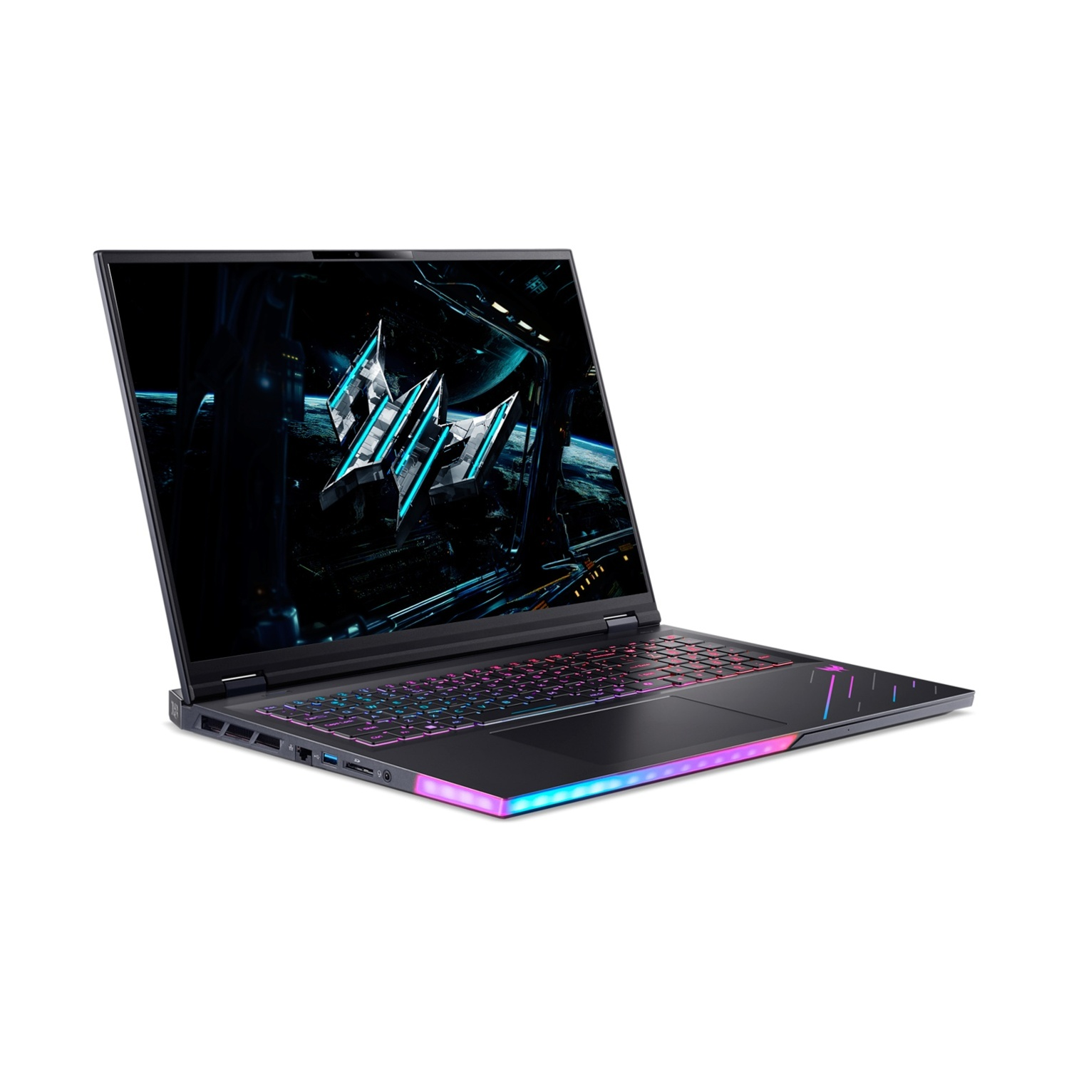 Laptop nero con tastiera illuminata e striscia luminosa RGB.