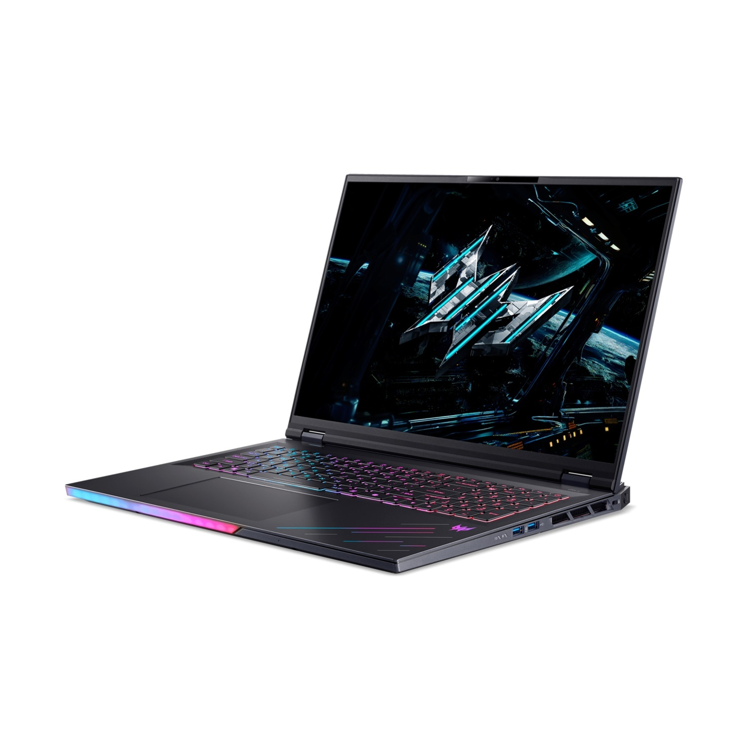 Un laptop da gioco nero con tastiera RGB colorata e sfondo futuristico sullo schermo.