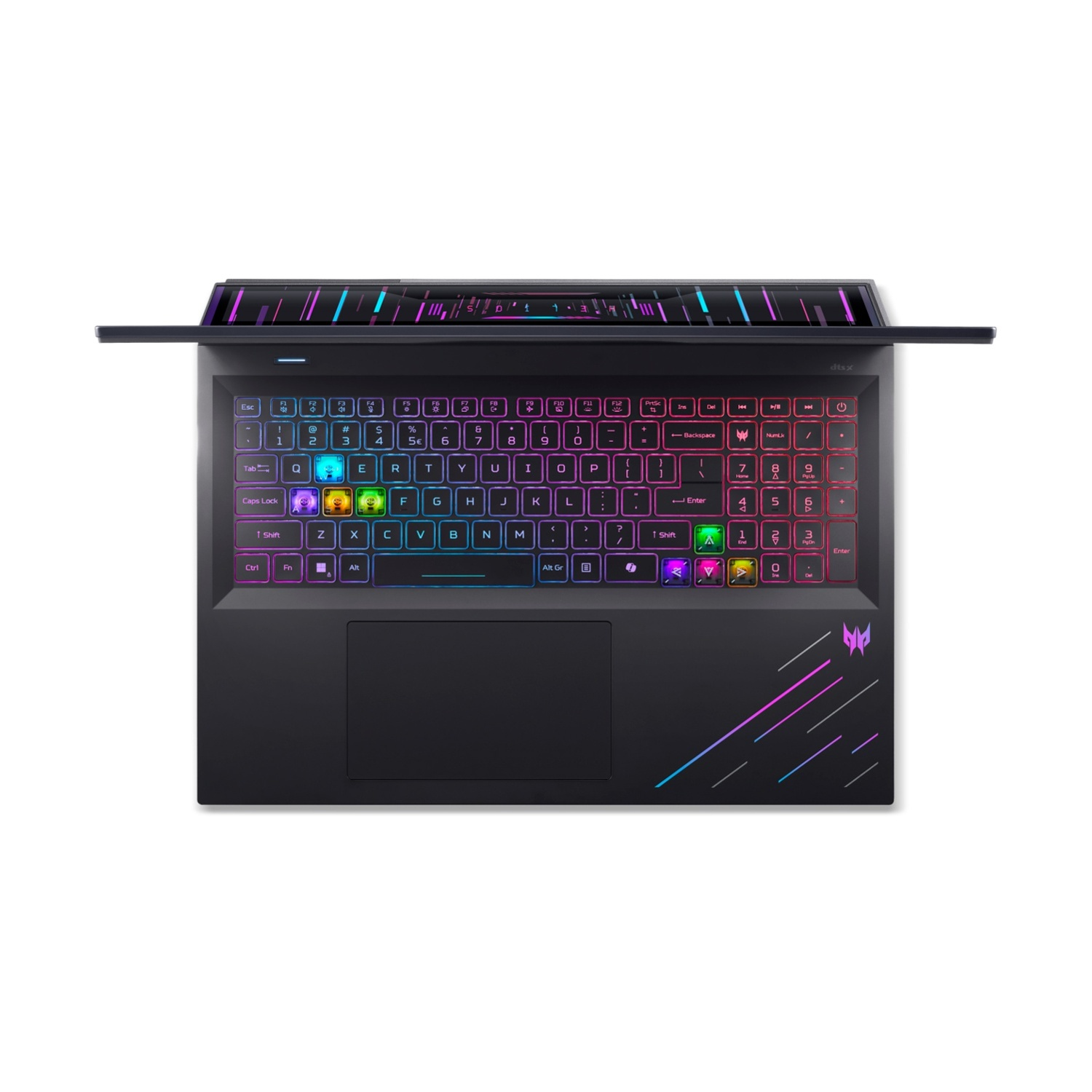 Laptop nero con tastiera retroilluminata colorata e logo alato.