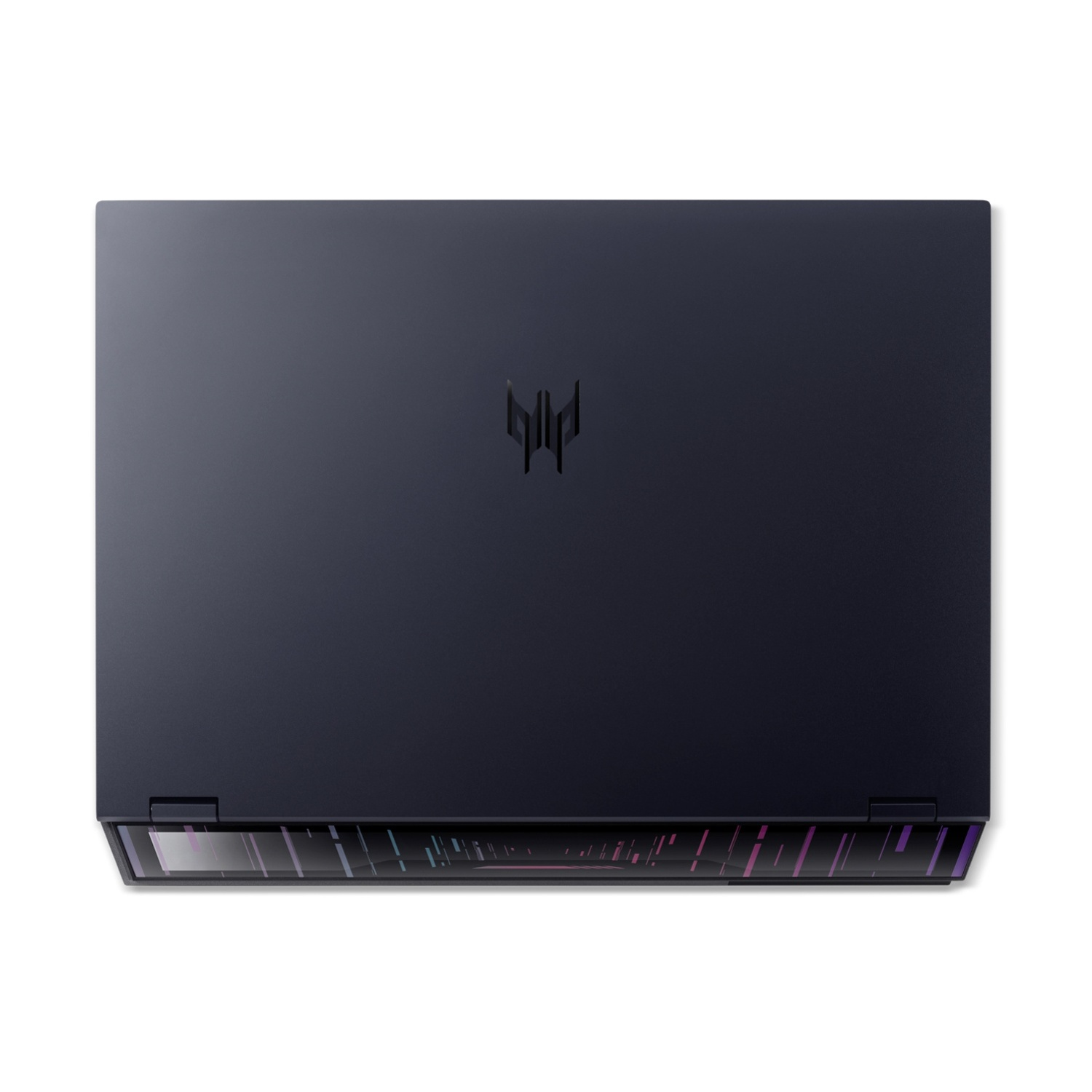 Laptop blu scuro con logo nero sul coperchio e strisce illuminate sul fondo.