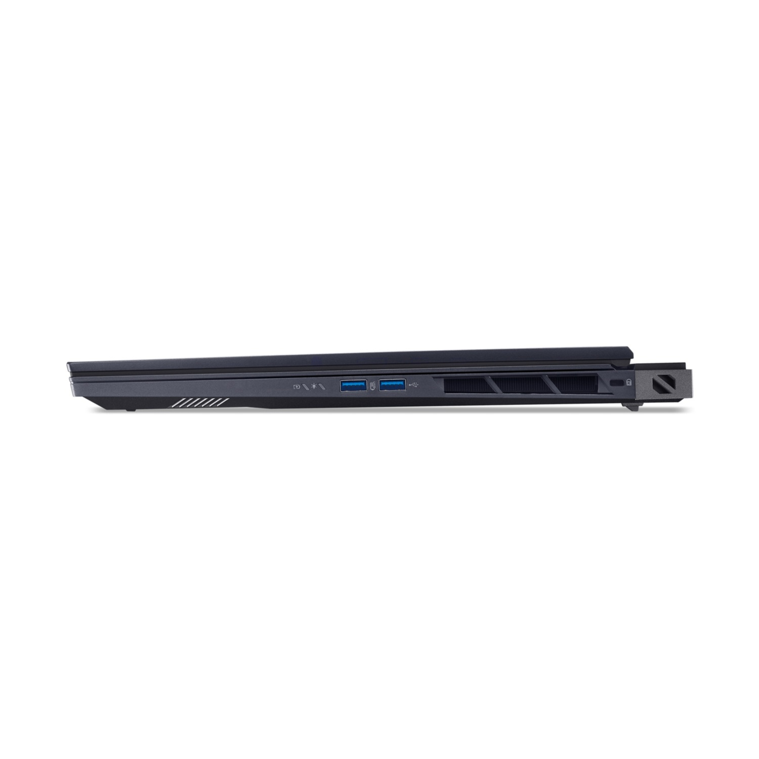 Profilo sottile di laptop nero con porte e prese d'aria.