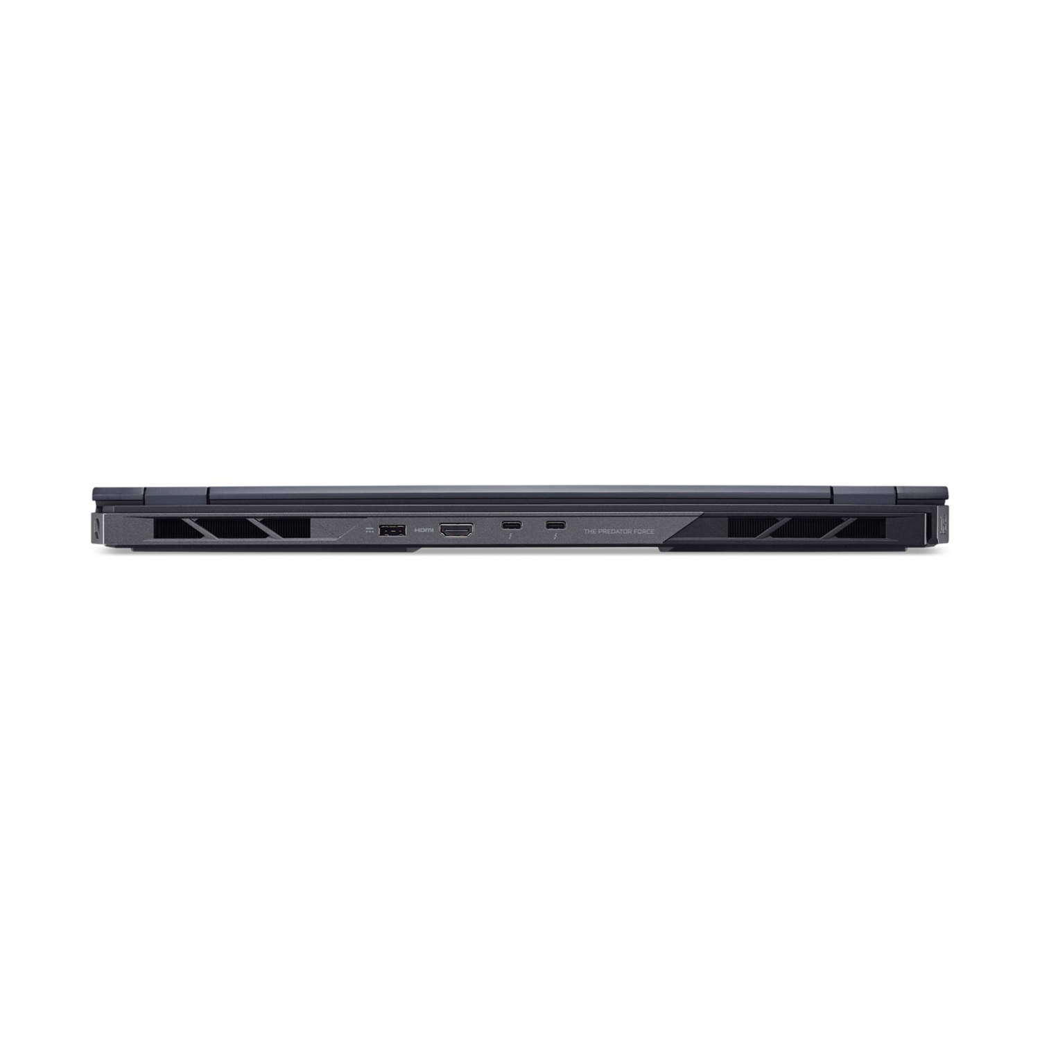 Il profilo laterale di un laptop scuro mostra porte come HDMI e USB-C.