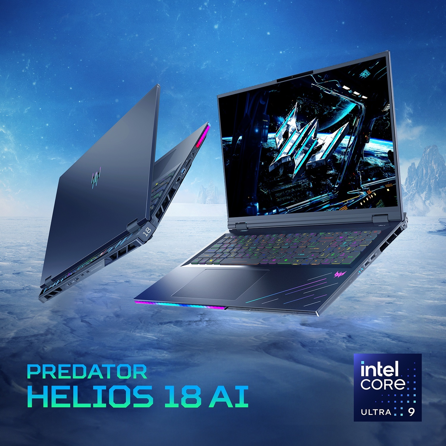 Due laptop Predator Helios 18 AI su sfondo di montagne ghiacciate. Uno aperto, l'altro chiuso.
