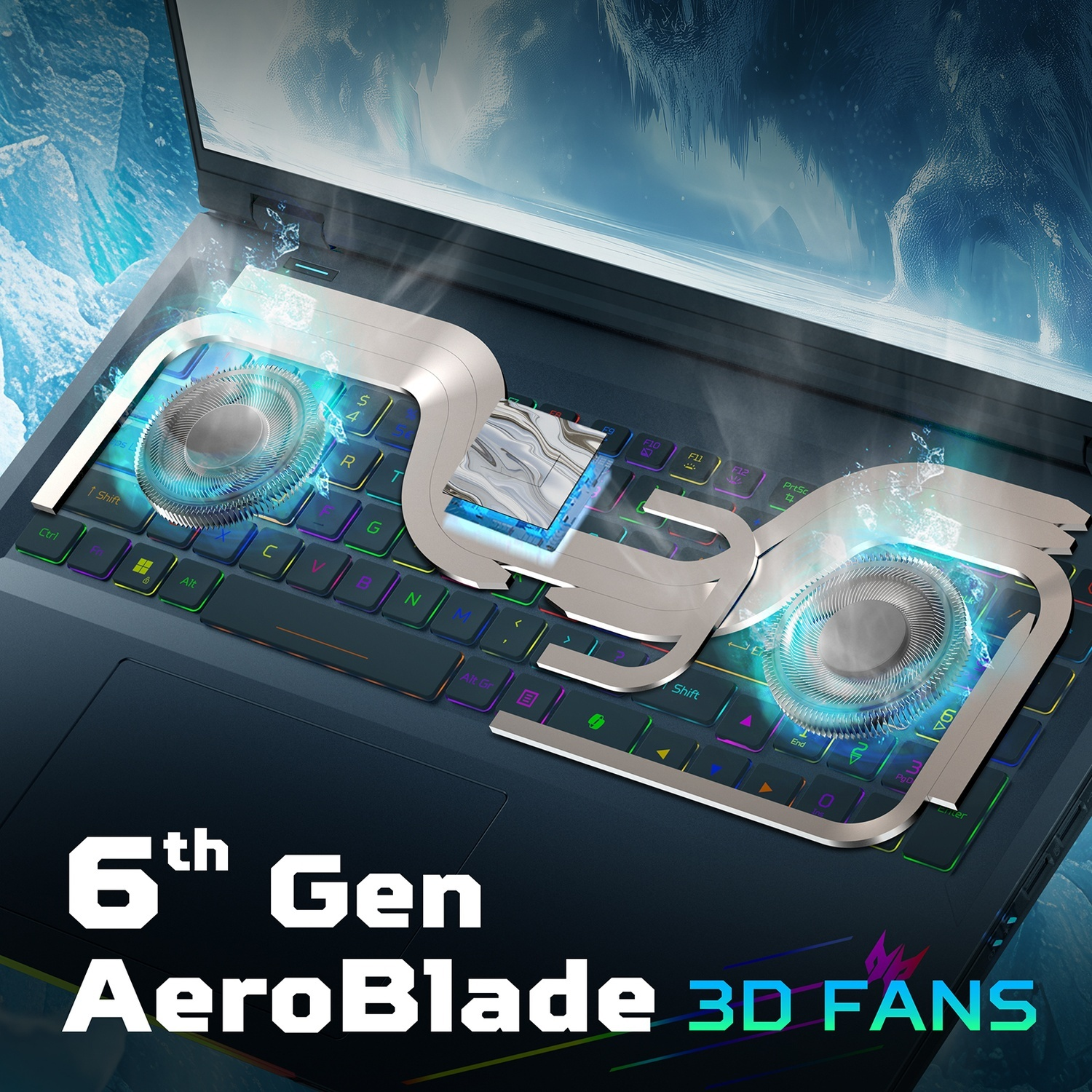 Un laptop da gaming con ventole AeroBlade 3D 6a gen, tastiera retroilluminata e tema ghiacciato.