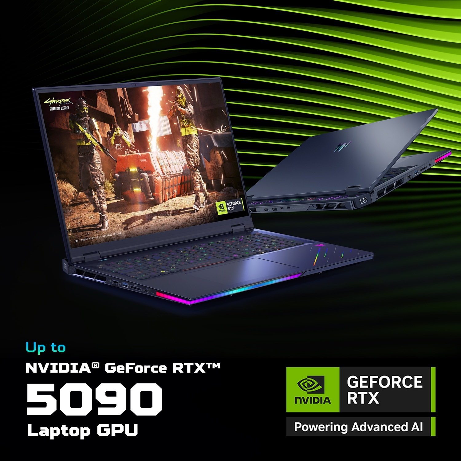 Un laptop da gaming con tastiera illuminata e gioco Cyberpunk sullo schermo.