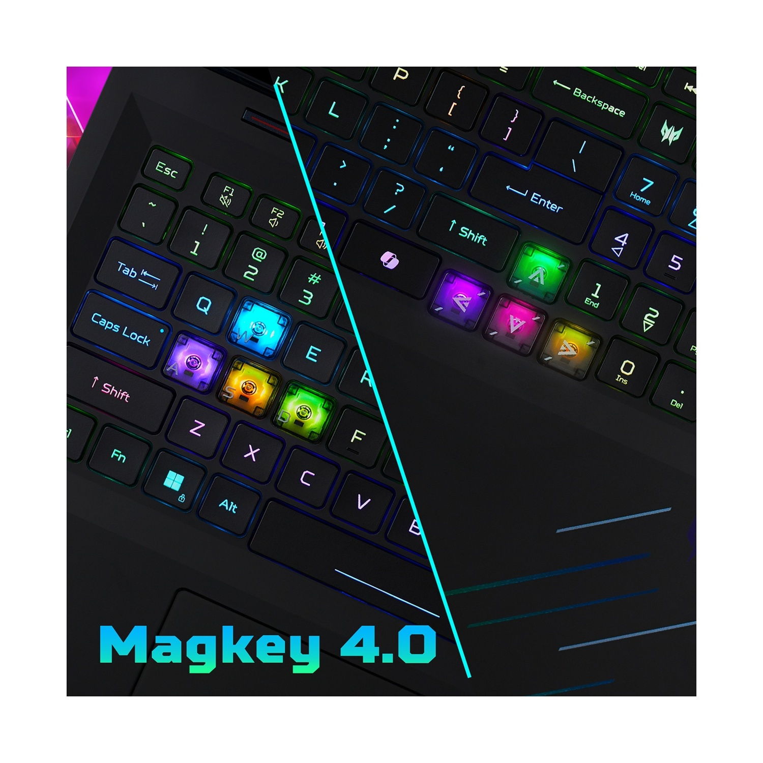 Primo piano di una tastiera nera con illuminazione RGB colorata e testo 'Magkey 4.0'.
