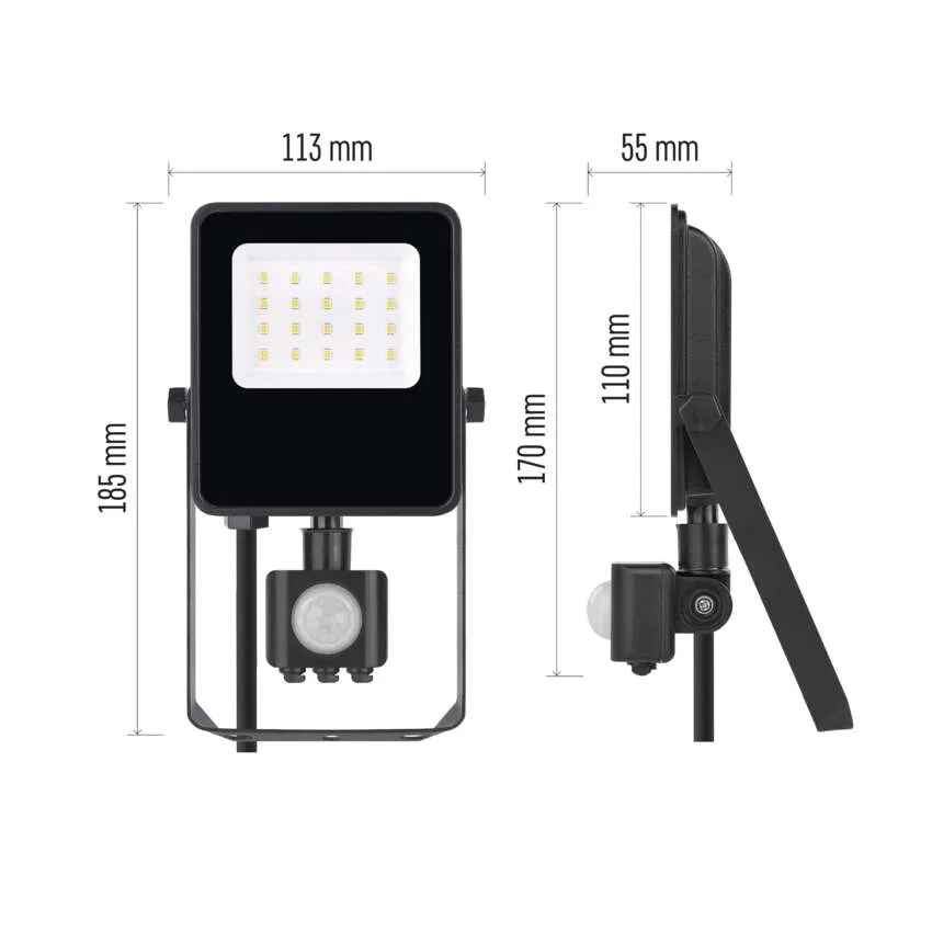 Fekete LED reflektor mozgásérzékelővel, méretek: 185x113x55mm.