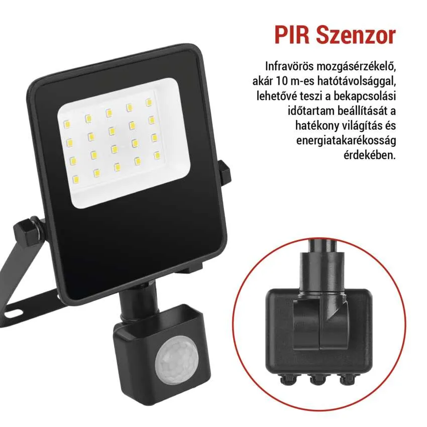 Fekete reflektor PIR mozgásérzékelővel és LED-ekkel.
