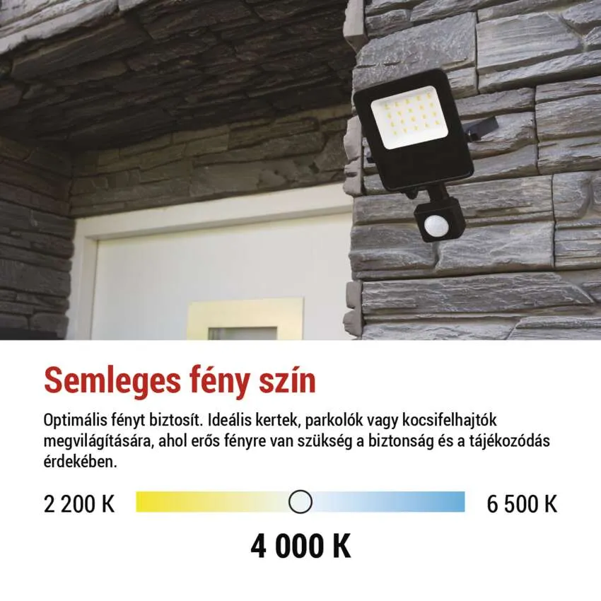 Fekete LED-es reflektor mozgásérzékelővel kő homlokzaton.