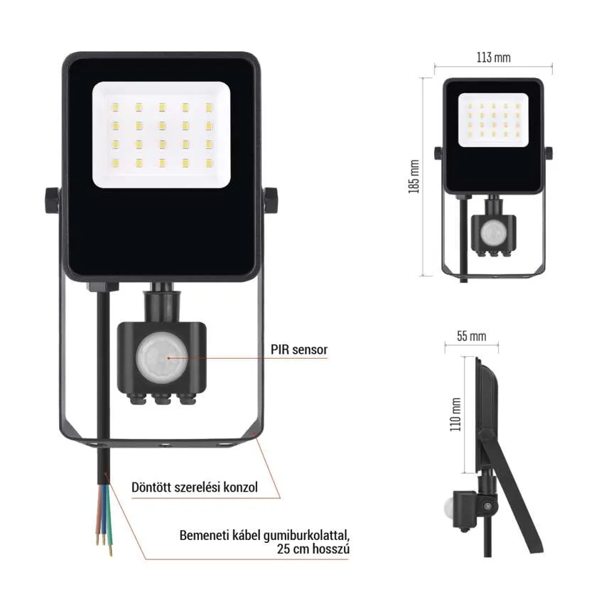 Fekete LED reflektor PIR-érzékelővel, méretekkel.