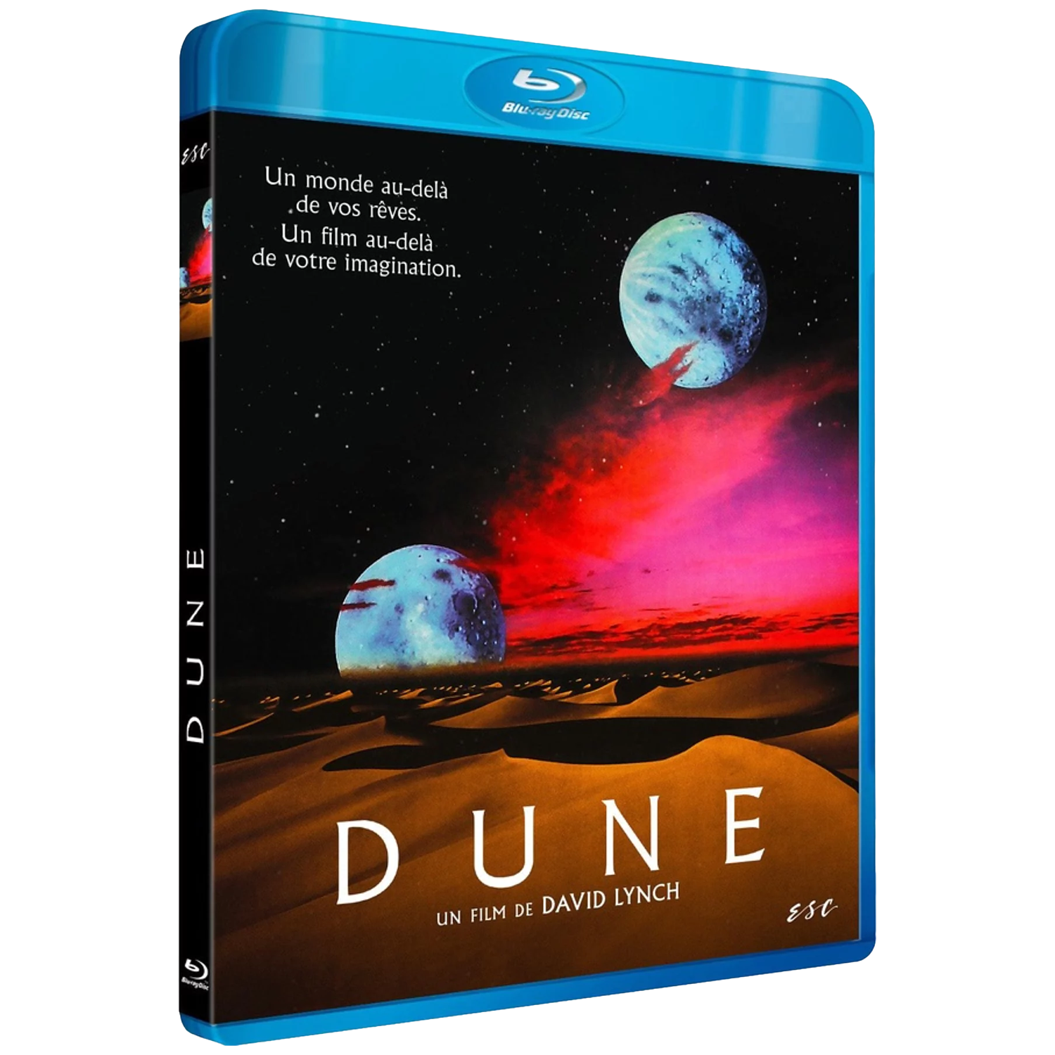 Boîtier Blu-ray de Dune avec paysage désertique, planètes et nébuleuse.
