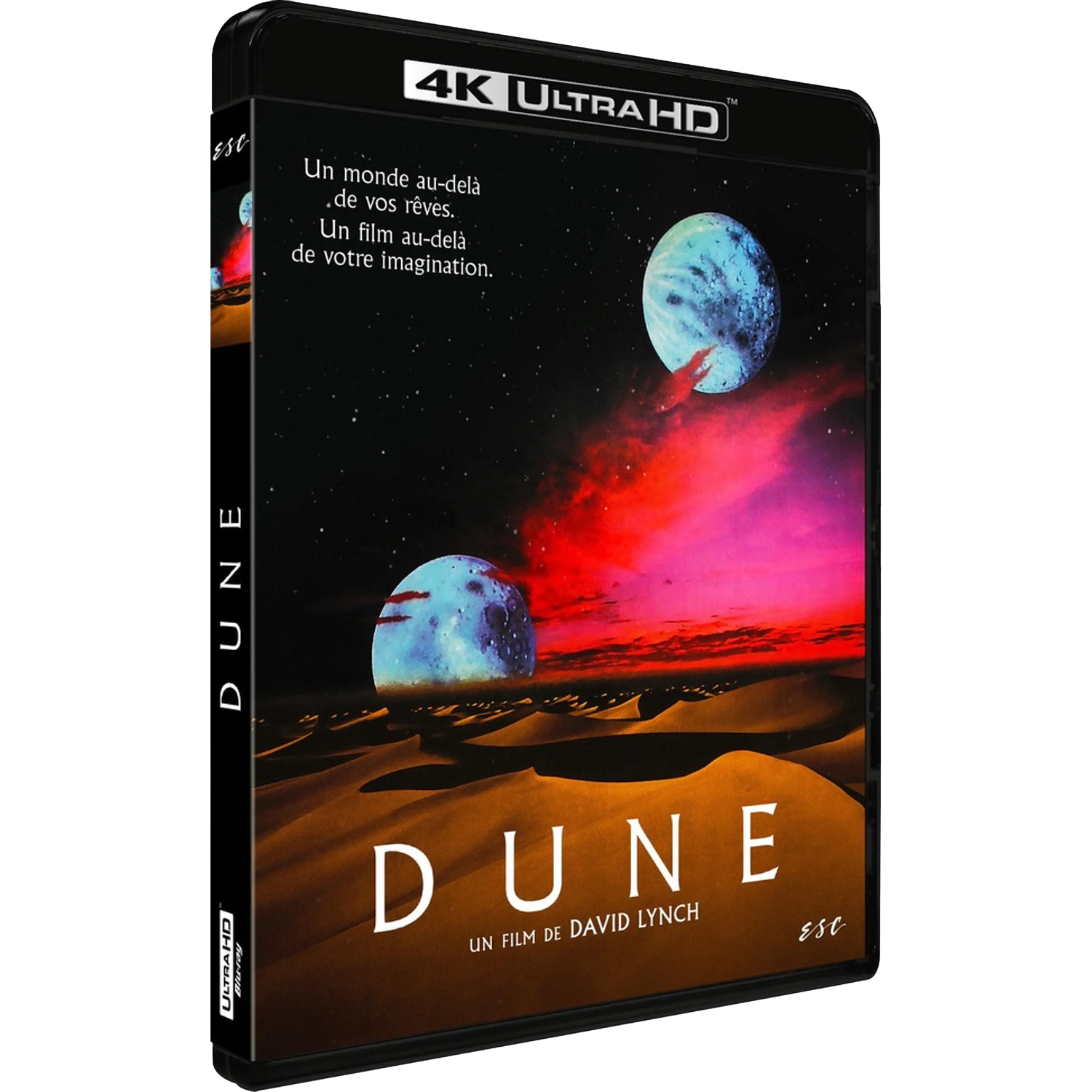 Dune 4K Blu-ray hoes met woestijn, twee planeten en ruimte.