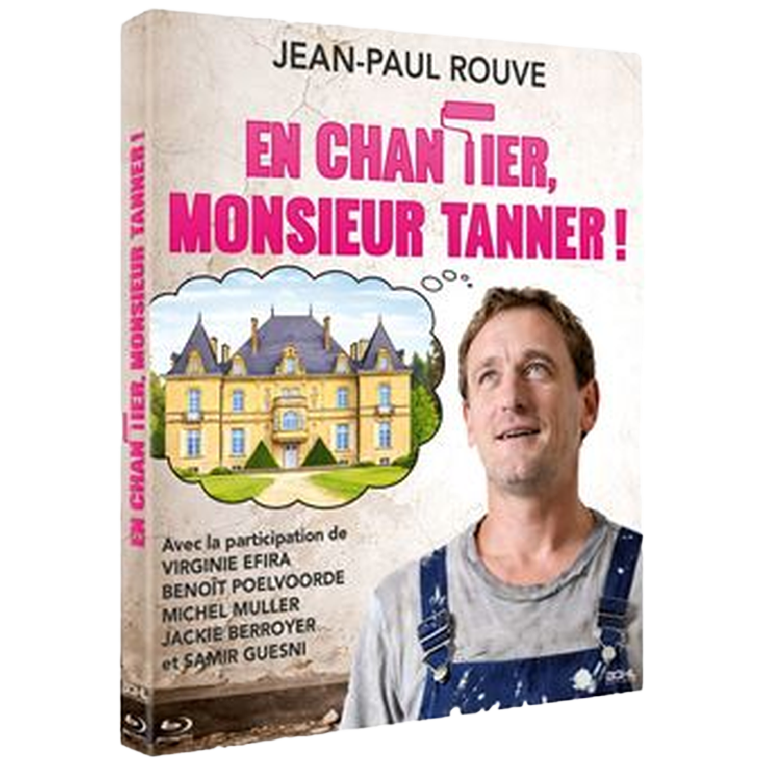 Een man in een blauwe overall denkt aan een kasteel. Titel: En chantier, Monsieur Tanner!